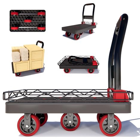 2IN1 Heavy Duty Platform Trucks Flatbed Carts, 42×26In 2000lbs Capacity Push Cart Dolly Hand Trucks w/Detachable Solid Steel Wire Fence, Collapsible Cage Cart Dolly, 5-Inch Silent TPR Wheels