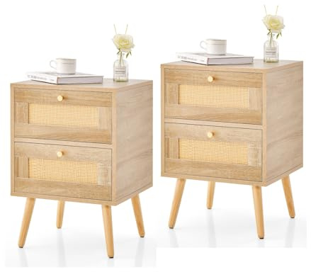 RELAX4LIFE Nachttisch Holz, Nachtschrank mit 2 Rattan-Schubladen, Nachtkommode 40 x 40 x 59 cm, Beistelltisch für Wohnzimmer, Schlafzimmer (2 Stück) LY54918SE