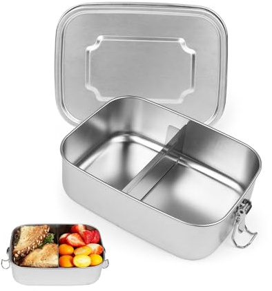 ROYUEXT 800 ml Reusable Bento Box Stainless Steel Lunch Box with Divider, Portable Metal Lunch Box Leak Proof Sandwich Salad Container for Picnics, Office and School (16.5 x12.7 x6.3cm)