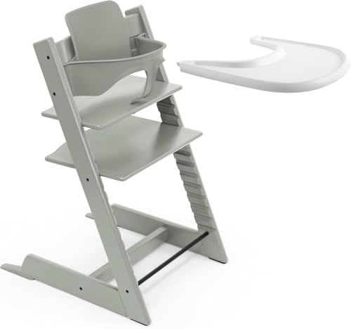 Stokke Tripp Trapp Hochstuhl (Glacier Green) mit Stokke Tray (White) - ein verstellbares, ergonomisches und leicht zu reinigendes Babyset für Kinder im Alter von 6-36 Monaten