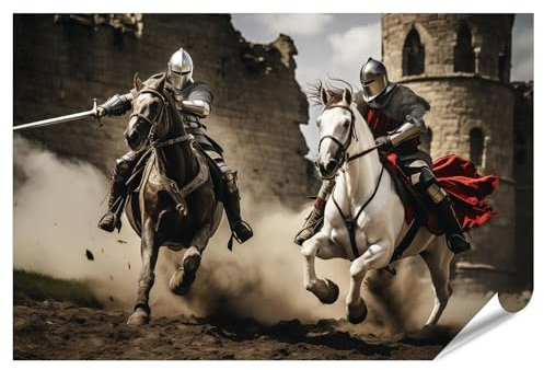 islandburner Prime XXL Bild Poster Zwei Ritter auf Pferden stürmen gegen Burg mittelalterliche Krieger bekämpfen Sich Premium Bilder Fotodruck