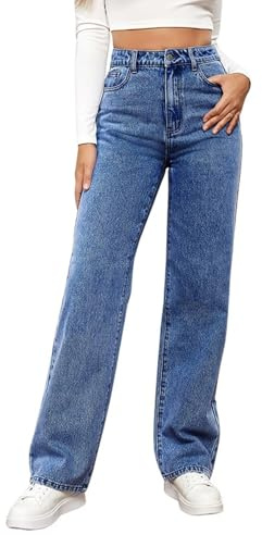 MANGGUO Jean Femme Taille Haute Coupe Droite Straight Jeans Baggy Jambes Larges amincissantes avec Tous Les Pantalon Automne Hiver Elastique Classique en Denim Jean Coupe（Couleur：Bleu Foncé,Size：L）