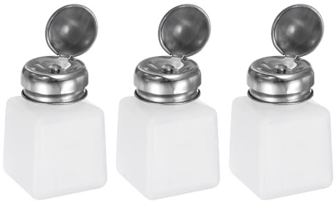 sourcing map 3pcs Solvent Alcohol Dispenser 100ml(3.4oz) Push Down Liquid Dispenser Pump Bottle with Sealing Stainless Steel Lid for Acetone Solution, White