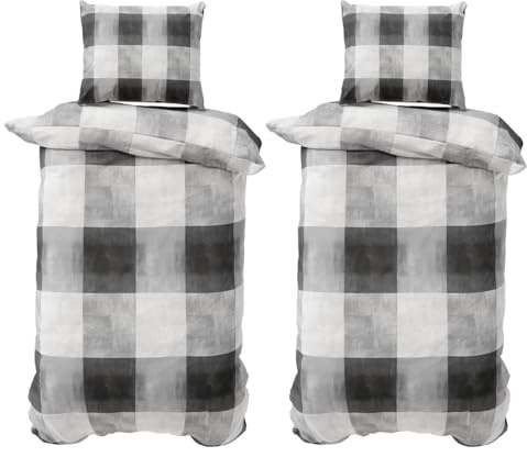 Visaggio Biber Bettwäsche 135x200 cm 4teilig Winter flauschig Feinbiber Bettbezug Schlafzimmer Set kariert Grau Weiss