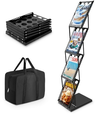 SUNDOY Faltbarer Zeitschriftenständer mit 4 Taschen – Magazinhalter & Broschüre Prospekthalter mit Tragetasche für Büro, Einzelhandel & Messe-Ausstellungen (Schwarz-27Bx36Tx130H)