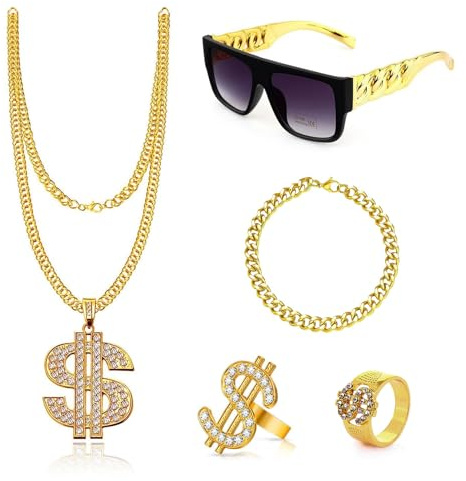 Herbst 80er Jahre Accessoires 5 Stück Dollar Kette Gold Set, Hip Hop Kostüm Goldkette Kostüm Ringe Sonnenbrille Armband Goldkette Set für Fasching Karneval Cosplay Punk