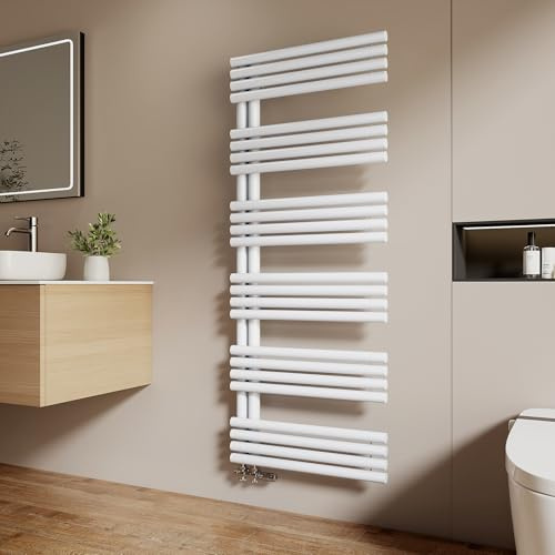 EMKE Toallero Baño a agua caliente, 1535 x 600 mm, Tubos redondos,Calefactor de Toallas, Toallero con conexiones laterales, calefacción de baño,Blanco 933W