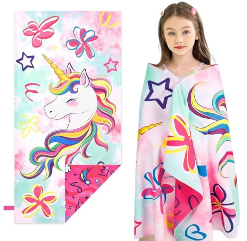 WERNNSAI Einhorn Strandtuch Kinder, 76 X 150 cm Mikrofaser Badetuch Mädche, Strandhandtuch zum Baden leicht und schnelltrocknend Superweich Saugfähig, Kinder Pool Reisen Schwimmen Duschtuch