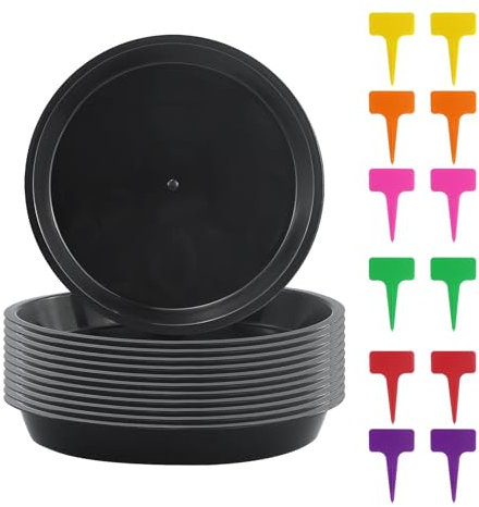 Set di 12 ciotole per fiore, piattino in plastica, piattini, vasi da fiore (15 cm) con 12 etichette
