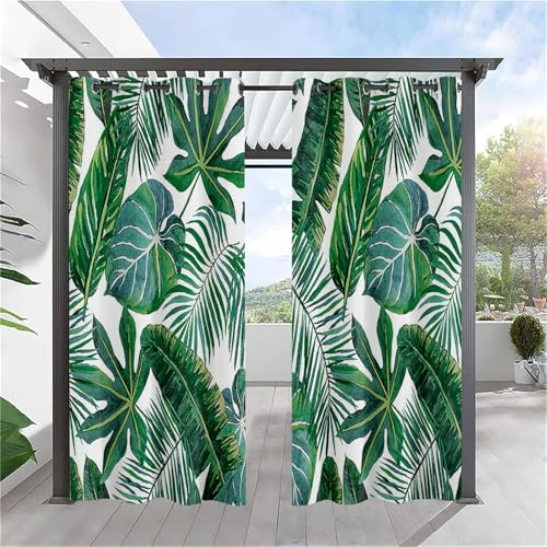 Tende impermeabili per esterni, motivo a foglie, isolamento termico, confezione da 2 tende per pergola con occhielli (137 x 274 cm, motivo foglia di banano)