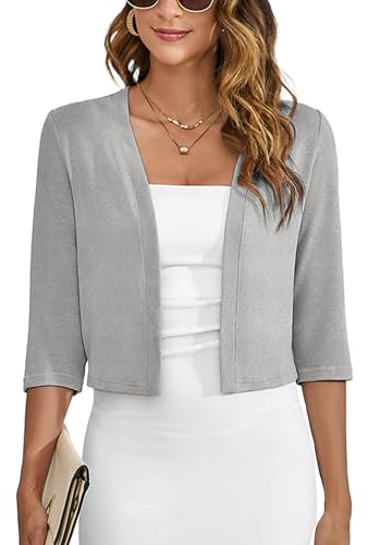 Heymoments Women's Thin Shrugs for DressesOpen Front Knit 3/4 Sleeve Lightweight Light Gray 2X-Large Coat Cropped Tops Shawls and Wraps Cardigan Dressy Sweater Clothes