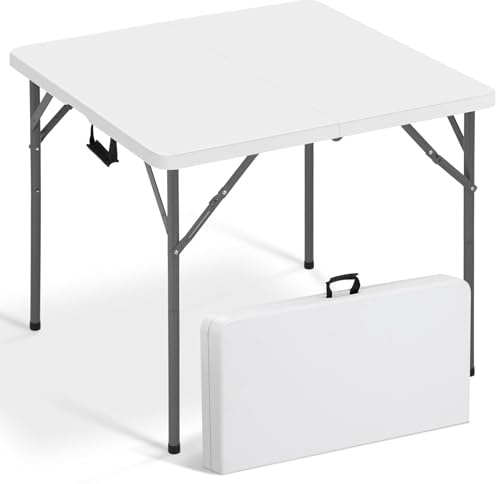 Vampire Killer 34 Square Folding Table Fold-in-Half Utility Dining Portable Table Heavy Duty HDPE with Carrying Handle, Plastic Tables for Camping,Picnic, Office, Party,Card Table (White)
