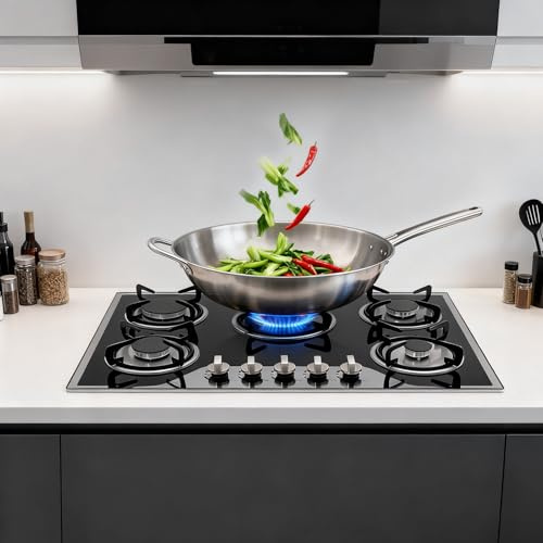 Gas Hob 5 Burners Built-in Stove 2in 1Cooktop Hob Cooker Electronic Pulse Lgnition LPG/NG Tempered Glass Hob for Glass, Ceramic, Iron Pots, Domestic, Commercial, Homes, Restaurants-Black, 77 x 51cm