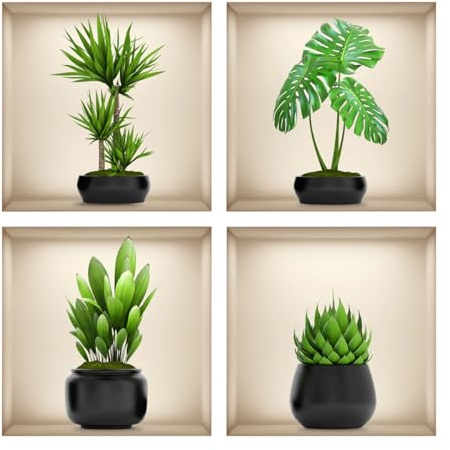 Auriselle 4 pezzi 30 * 30CM Adesivi murali Piante in vaso verdi Fiori Vasi - Decorazione murale autoadesiva 3D con piante e foglie verdi - Quadro moderno per soggiorno, ufficio, hotel
