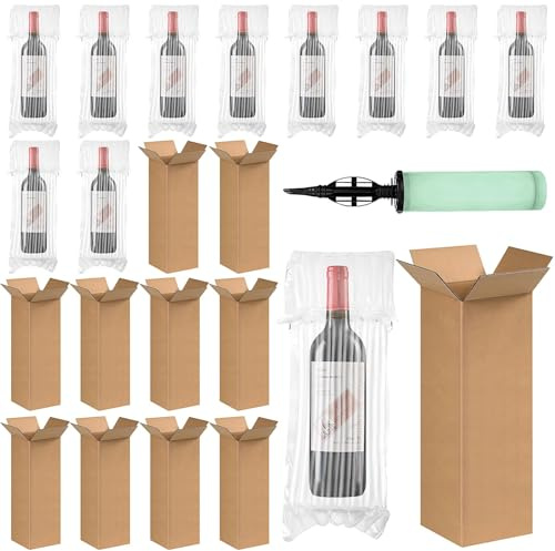 Pack of 10 Wine Shipping Boxes with Bubble Bag and Pump - Wine Bottle Protector for Bottle, Sturdy Wine Bottles Boxes with Bottle Protector Sleeve for Safe Glass Bottle Transport Moving Travel