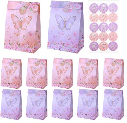 WJIAAA 12 Stück Geschenktüten Kindergeburtstag Schmetterling, Mitgebsel Tüten Party Taschen mit 15 Aufkleber Papiertüten Deko Geburtstag Goodie Papier für Kinder Mädchen 13 x 22 cm