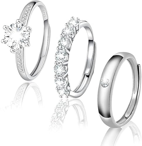 3Pcs Sterling Silver Ring Set, Silver Ring for Women 925, Rings, Stackable Silver Rings for Women, Hypoallergenic, Adjustable with 1 Carat Diamond, Womens Ring Sterling Silver for Birthday Christmas