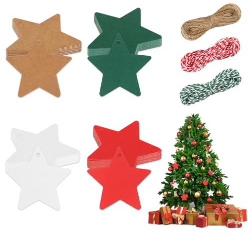 Geschenkanhänger Weihnachten, 200 Stück Geschenk Etiketten Stern Kraftpapier Sterne Weihnachtsanhänger Papier, Geschenkanhänger Kraftpapier Mit Schnur für Weihnachtsbäume Deko