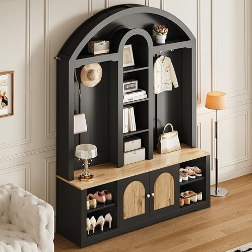 ZKLOEP Multifunktionaler Kleiderschrank/Eingangsbereichsschrank mit Schuhregal, Ablagen und Haken.Garderobenschrank– eine Garderobe aus robustem MDF mit modernem Design und praktischem Stauraum.