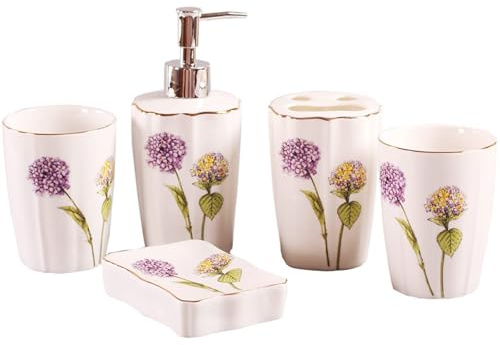 Bathroom Sets Accesorios de baño 5 Piezas: dispensador jabón, Soporte for cepillos Dientes, Vaso y Plato. Decoración Moderna Coastal Decor(Purple)