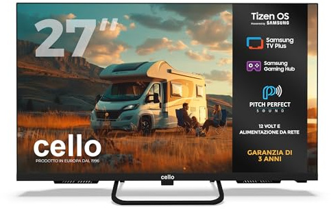 Cello CTRAV-27TZ 27 Smart 12V Traveller TV with Tizen OS by Samsung, Built-in Satellite, Gaming Hub, Pitch Perfect Speakers, Bluetooth, Netflix, UK Made, Ideal for Motorhomes, HGVs & Boats