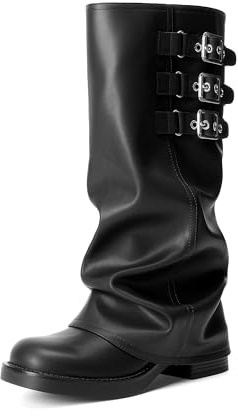 DREAM PAIRS Fold-over Knee High Boots Comfort Low Heel Slouchy Boot Stylish Buckle Long Tall Boots for Women,Size 8,Black,SDKB26007W