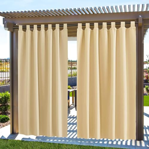 Outdoor Vorhang Wetterfest 2er Set | Wasserdichte Vorhänge & Sonnenschutz | Pavillon Sichtschutz mit Klettverschluss | Blickdichte Outdoorvorhänge 132 x 215 cm für Terrasse, Garten und Balkon (Beige)