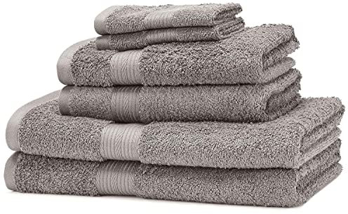 Amazon Basics Set Asciugamani Bagno Spugna 100% Cotone 2 Teli + 2 Viso + 2 Ospite, Grigio, Confezione 6 Pezzi