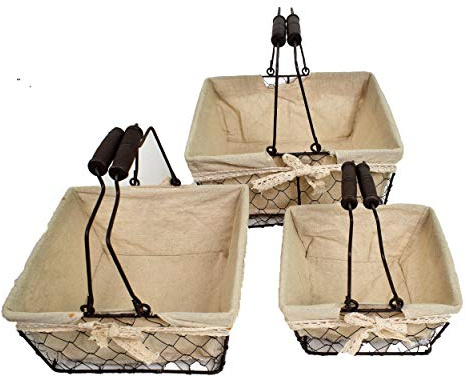 Lot de 3 paniers décoratifs, corbeille organisateur carré en grillage métallique dans votre cuisine pour pain fruit légume œuf aromate épice - Intérieur tissu écru amovible pour cueillette au jardin