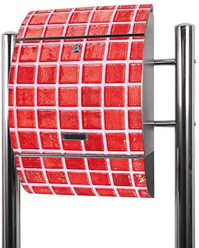 banjado® Standbriefkasten Edelstahl mit Zeitungsfach Motiv Rote Kacheln/Briefkasten mit Standfuß/Edelstahl Briefkasten freistehend - A4 Einwurf inkl. 2 Schlüssel