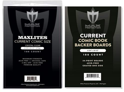 Max Protection Maxlite Current Comic Book Bags and Boards 100 Count - 2mil OPP Sleeves - 24pt Acid-Free Backing Boards - 6 7/8 x 10 1/2 Inch Current Size