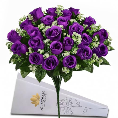 A1-Homes 41cm Artificial Silk Purple Rose Bush with Gyp & Foliage 24 flower heads- Wedding Grave Home Decoration