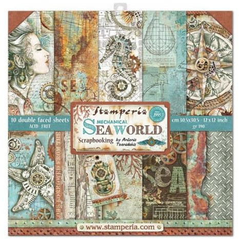 STAMPERIA SBBL64 Papierblock 10 Blätter 30.5 x 30.5 (12 x 12) doppelseitig Sea World, Mehrfarbig