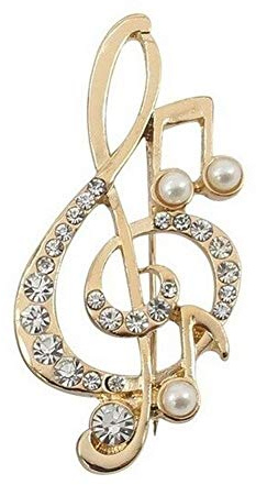 Goldfarbene Brosche mit Notenschlüssel und Perlmuttperlen, Musiknoten.