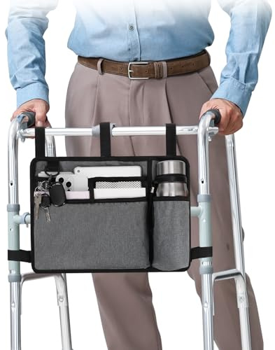 supregear Walker Tasche mit Getränkehalter, Wasserdicht Rollstuhltasche Falten Walker-Zubehör Korb für Rollstühle, Rollatoren, Roller, Grau