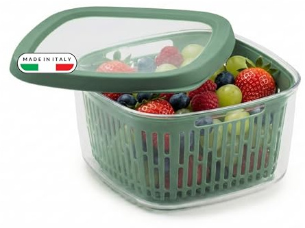 Snips Aroma Keeper Frischhaltedose 1,5 L, luftdichte Vorratsdose mit herausnehmbarem Abtropfkorb, Lebensmittelbehälter für Obst, Gemüse und Kühlschrank, Grün, Made in Italy