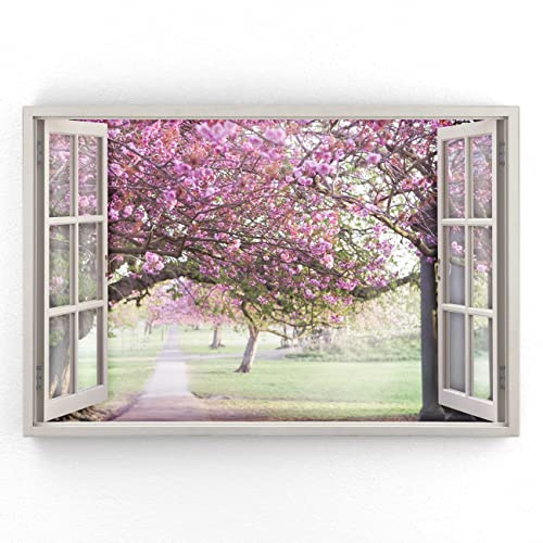 Estika - Leinwand Bilder Fensterblick - Blumen, Wald, Baum - 120x80 cm - 1 teilige Wandbilder, Bild auf Leinwand, Modern Deko für wohnzimmer schlafzimmer - Natur Landschafts bilder - 5986A_1B