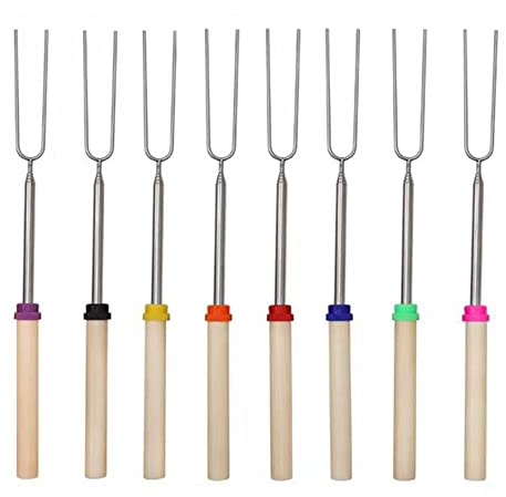 Angeer Retractable BBQ Grill Forks 8-Piece Set, Extendable Camping Skewers for Grilling, Stainless Steel 81cm/32Inch Roasting Sticks for Outdoor Cooking, Picnic, Backyard, Bonfire（Wooden Handle）