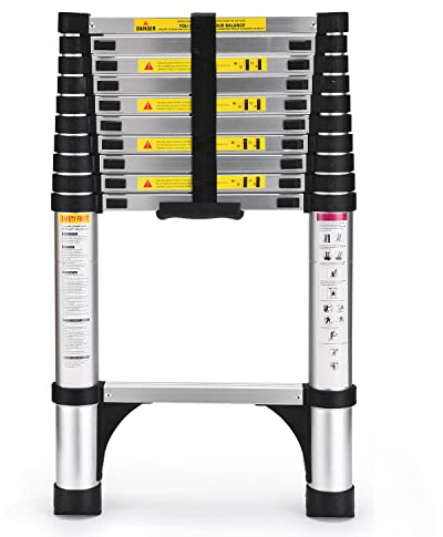 Telescoping Ladder, SocTone 10.5 FT Aluminum Lightweight Extension Ladder with 2 Triangle Stabilizers, Heavy Duty 330lbs Max Capacity, Multi-Purpose Collapsible Ladder for Household or Outdoor Work