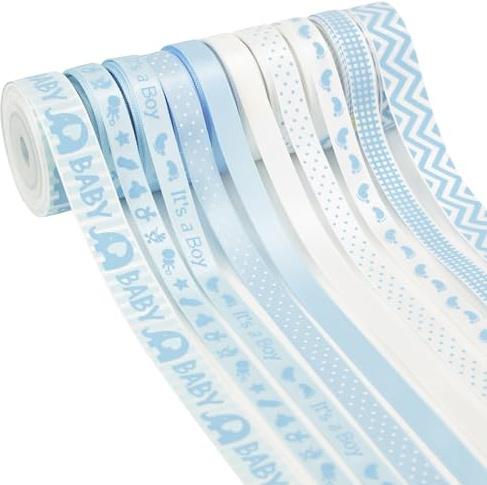 HUIHUANG Baby Blue Ribbon for Baby Shower Its A Boy Blue Ribbons Assorted Foot Print Elephant Satin Ribbon for Gift Wrapping Crafts Diaper Cake Baby Shower Birthday Favor-5 Yards Each Total 50 Yards