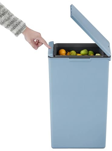 EKO Morandi 30L Kitchen Recycling Bin with Touch-Top Lid, Slim Plastic Rubbish Bin with Recycling Stickers and Easy-Clean Finish, Compact Design for Home or Office, Titanium Blue