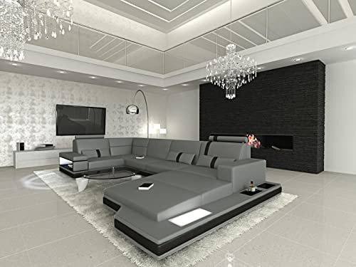 Sofa Wohnlandschaft Messana U Form Leder - mit LED Beleuchtung, verstellbare Kopfstützen, Recamiere/Lederfarben wählbar/Ausrichtung Ottomane wählbar (Ottomane rechts, Grau-Schwarz)