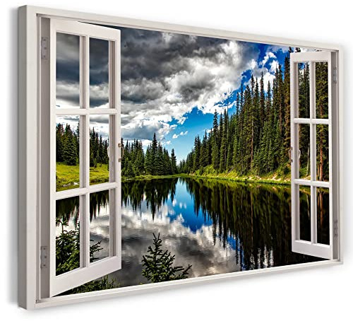 Printistico Bilder Fensterblick 100x70cm Baumwoll-Leinwand auf Keilrahmen mit Aufhänger moderner Kunstdruck XXL Wandbilder Wand-Dekoration See Spiegelung Wald Nadelbaum Natur - Natur-Fotografie