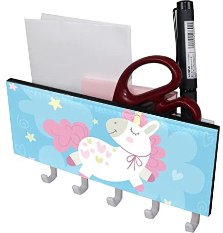 Cartoon Einhorn Regenbogen Wolken Stern Blau 5 Haken Schlüsselhalter Schlüsselhaken Wandmontage, Garderobenleiste, Briefablage, Geeignet für Eingangsbereiche und hinter Türen