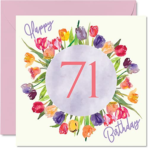Schöne Geburtstagskarte zum 71. Geburtstag für Frauen, Geburtstagsgeschenke | Aquarell-Tulpen, Blumenstrauß, Happy Birthday-Karte für Ihre Oma, Mama, 145 mm x 145 mm, schöne florale Grußkarten