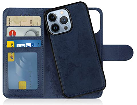 MyGadget Flip-fodral för iPhone 14 Pro - [avtagbart magnetfodral] - mobilfodral av konstläder - [flipfodral med kortplats] skyddsfodral i mörkblått