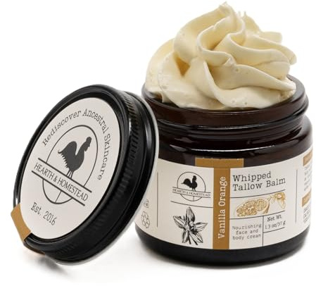 Hearth and Homestead: Handmade Whipped Tallow Balm (Vanilla Orange) - Organic Body Butter with Infused Olive Oil, for Eczema, Rosacea, Baby - 1.3 oz