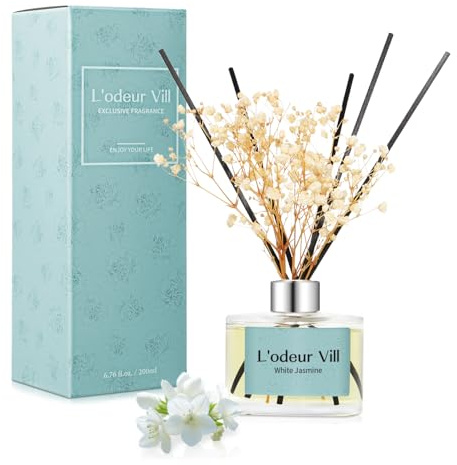 L'odeur Vill Room Fragrance Reed Diffuser 200ml, Luxury Aromatic Scent with 6 Reeds, Long-Lasting Fragrance for Living Room, Bedroom, Bathroom, Office – Perfect Gift (White Jasmine)