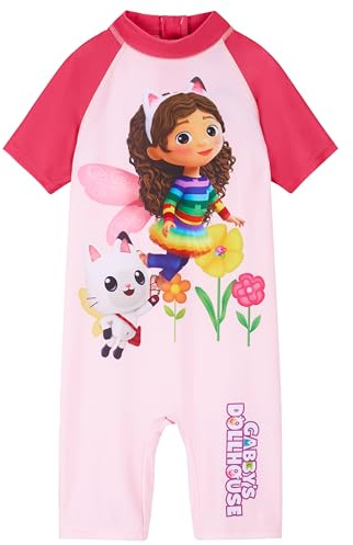 Gabby's Dollhouse Gabbys Dollhouse Badeanzug Mädchen, Schwimmanzug Einteiler mit Ärmeln & Beinen - Mädchen Geschenke (Rosa, 5-6 Jahre)
