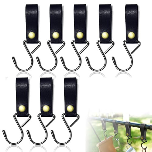 ShengBiLong Haken Mit Lederschlaufe, 8 Stück Metall-S-förmige Haken zum Aufhängen, Leder-S-Haken, Campinghaken, Kinderwagen-Haken, Lederhaken für Mantel, Handtuch, Küche, Badezimmer, Schwarz